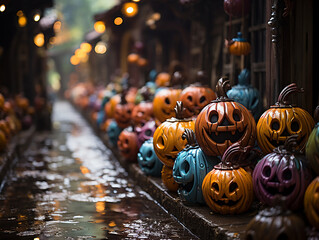 Night street of an ancient city with Halloween pumpkins