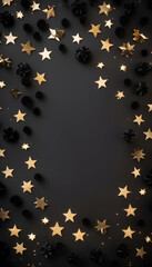 Christmas background with golden stars and black berries on black background. Top view.