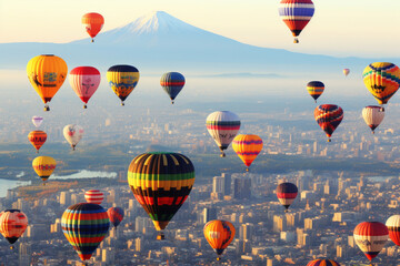 Obraz premium A cityscape from a bird’s eye view, with a vibrant spectacle of hot air balloons floating in the sky, sunlit sky, buildings and roads