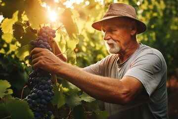 Senior worker picking ripe grapes in home vineyard. Generative Ai - obrazy, fototapety, plakaty