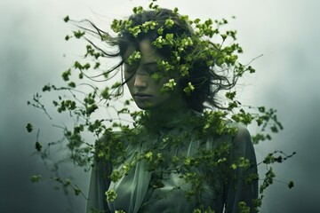 portrait d'une jeune femme glamour et élégante entourée de fleurs vertes en lévitation