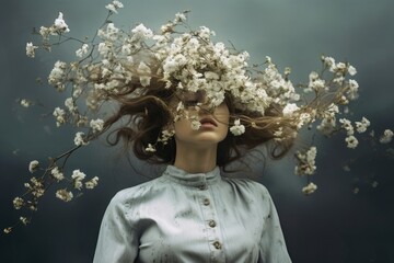 portrait d'une jeune femme glamour avec le visage caché par un chapeau de fleurs blanches.