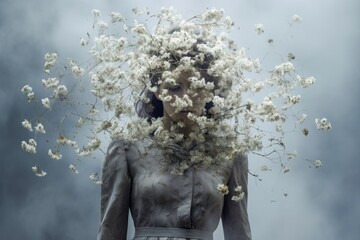 portrait d'une jeune femme anonyme au visage masqué par des fleurs blanches. 