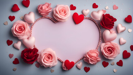 Valentine's day background with pink roses and hearts on blue background