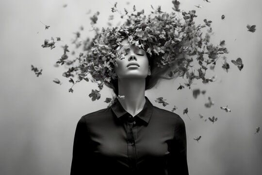 portrait noir et blanc, d'une jeune femme glamour et &eacute;l&eacute;gante avec un chapeau de fleurs blanches.