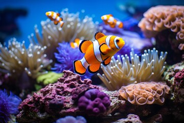 Naklejka na ściany i meble clownfish and blue malawi cichlids swimming near coral