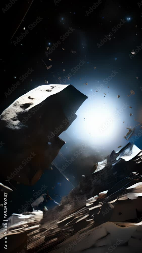 Poster with a backdrop of distant stars, a shattered satellite appears against the void, its fragile struct