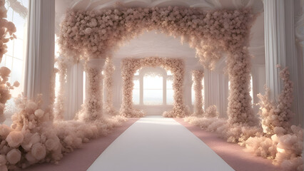 3d illustration of a white tunnel with pink floor and white clouds
