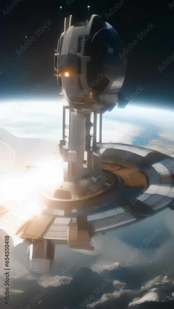Poster in this captivating view from a passing spacecraft, a colossal space station looms large, seemingly 