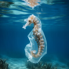 seahorse trapped in plastic bag ocean photo, showing environmental awareness and ocean pollution
