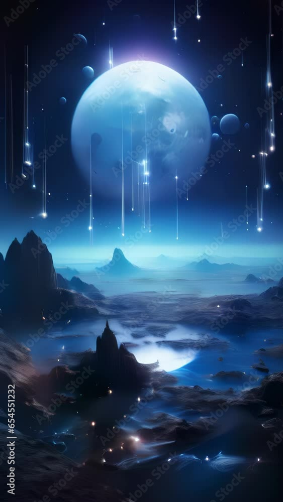 Poster a surreal image of an alien moon, dotted with colossal, floating landmasses. an ethereal glow emanat