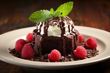 chocolate raspberry dessert with fresh mint topping