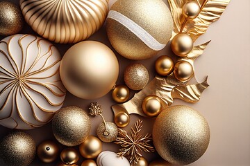 Christmas background with golden and white baubles. Flat lay. Generative AI