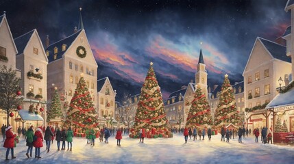 Watercolor rendering of a Christmas tree, adorned with decorations, illuminating the town square with festive radiance