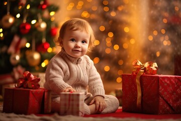 Fototapeta na wymiar First Christmas of a Cute Baby sitting on the ground, surrounded by gifts under the tree