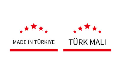 Made in Turkiye labels in English and in Turkish languages. Quality mark vector icon. Made in Turkey. Perfect for logo design, tags, badges, stickers, emblem, product package, etc