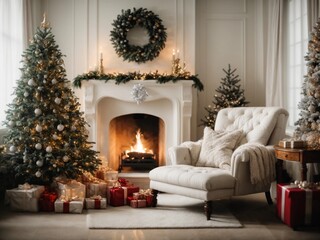 In a tranquil Christmas room with white hues, there's a cozy fireplace, an inviting armchair, and a Christmas tree adorned with gifts