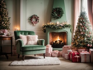 A room in green, pink, and white hues with a cozy fireplace, armchair, and a festive tree adorned with gifts, exuding holiday warmth