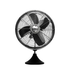 A vintage black and white fan on a table