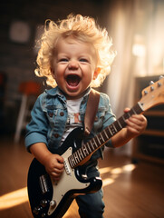 Little kid rock star playing electronic guitar on stage, emotion enjoyment drive, fun smiles and laughter. - obrazy, fototapety, plakaty