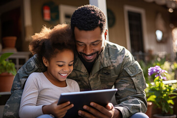 Soldier having fun with his kid before going to the military