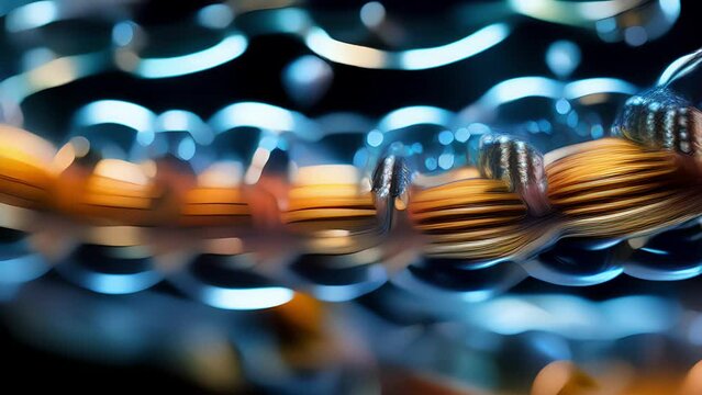 A captivating macro shot showcasing the peptide bonds connecting individual amino acids, forming long chains of polypeptides. The interplay between the vibrant colors of each amino Abstract video