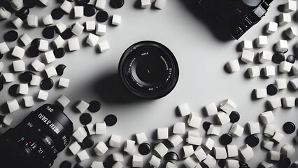 Fototapeta na wymiar Top view of black camera lens with white and black stones on white background
