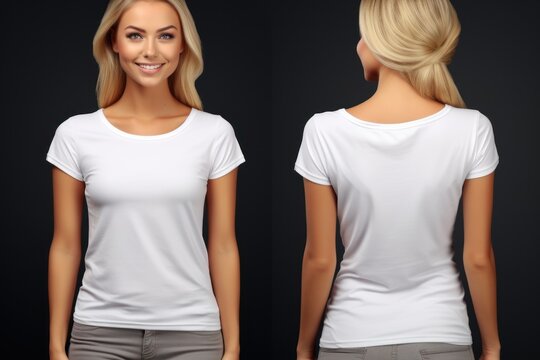 Mockup for design. Smiling blonde young woman in a white T-shirt on a clean black background. Front and back views. Copy space. Close-up. Advertising clothing for a store. Booklet, poster.