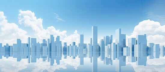 Abstract cityscape background with mirrored skyscrapers under a blue sky and white clouds in rendering