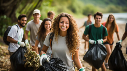 group of people volunteers collect and clean garbage from nature