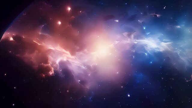 Amidst the inky darkness, a captivating galactic collision unleashes an extraordinary release of cosmic rays, propelling bursts of colorful light that ripple through the vast expanse Abstract video