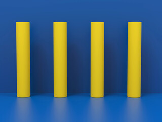 Minimalistic yellow geometric shapes on blue background, graphic background template