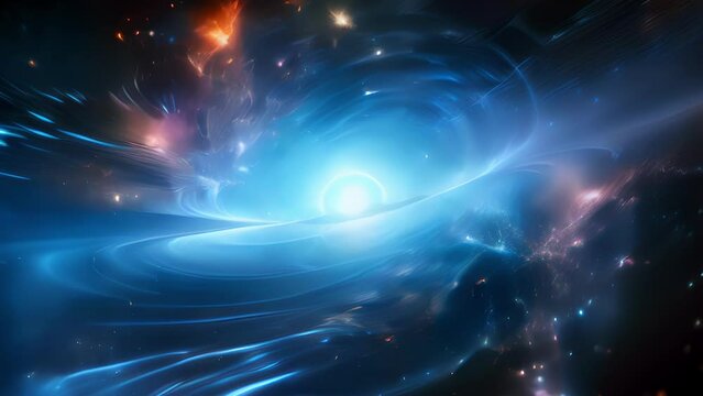 A distant quasar radiates cosmic energy, emanating powerful beams of accelerated particles that traverse the cosmos, leaving a mesmerizing imprint on the fabric of spacetime itself. Abstract video