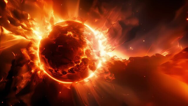 The suns surface erupts in a cataclysmic display of raw power as solar flares leap into space, unleashing a fury of intense heat and charged particles, defying gravity and reminding Abstract video