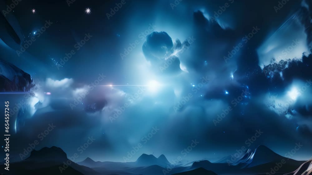 Poster a striking celestial panorama captures pulsars in action, their intense beams piercing through the d