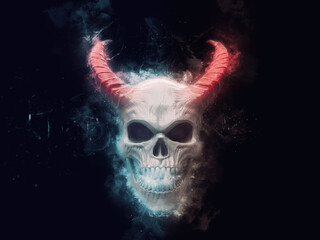 Demon skull with red horns - grungy space fractal background