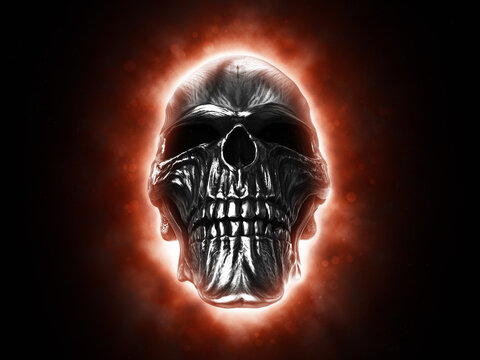 Dark metal skull glowing red on dark background