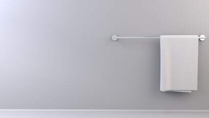 Simple white towel on towel holder on bright background, graphic template - right side positioning