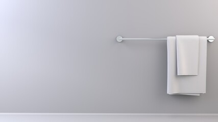 Simple two white towels on towel holder on bright background, graphic template - right side positioning