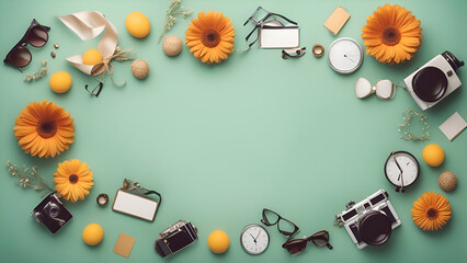 Flat lay composition with vintage camera. glasses. flowers and other objects on green background