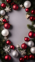 Fototapeta na wymiar Christmas background with fir branches. red and silver baubles and snowflakes