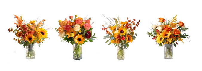 set of flower bouquet on white background PNG. flowers in a glass cup.
