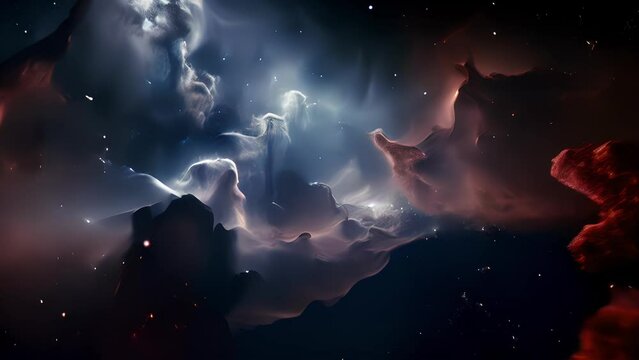 This image showcases a celestial nursery where new stars are taking shape. Silhouetted against a resplendent cloud of interstellar gas and dust, these stellar cradles emit a soft, Abstract video