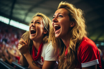 Female fans of soccer, women on the stand of soccer, supporting their favorite team, emotions joy laughter and shouts of joy and support . fan club 