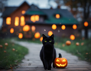 mystical witchy black cat with green eyes in the evening on halloween, on a street decorated with pumpkins and lights, a mystical holiday atmosphere, the eve of the day of the dead