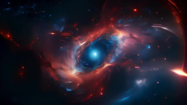 Deep within the fabric of the universe, a quasar pulses with intense energy, flaring and radiating in mesmerizing patterns that paint the cosmic canvas in breathtaking splendor. Abstract video