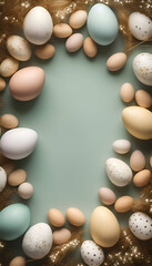 Easter background with eggs and golden decoration. Top view with copy space