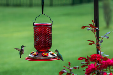 Happy hummingbirds at the feeder - obrazy, fototapety, plakaty
