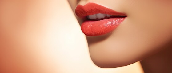 Fototapeta premium close up of female lips with red lipstick, opened mouth shows white teeth, perfect skin