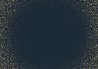 Deep blue textured paper with vignette of golden hand-drawn pattern with golden glittery splatter. Copy space. Digital artwork, A4. (pattern: p11-2b)